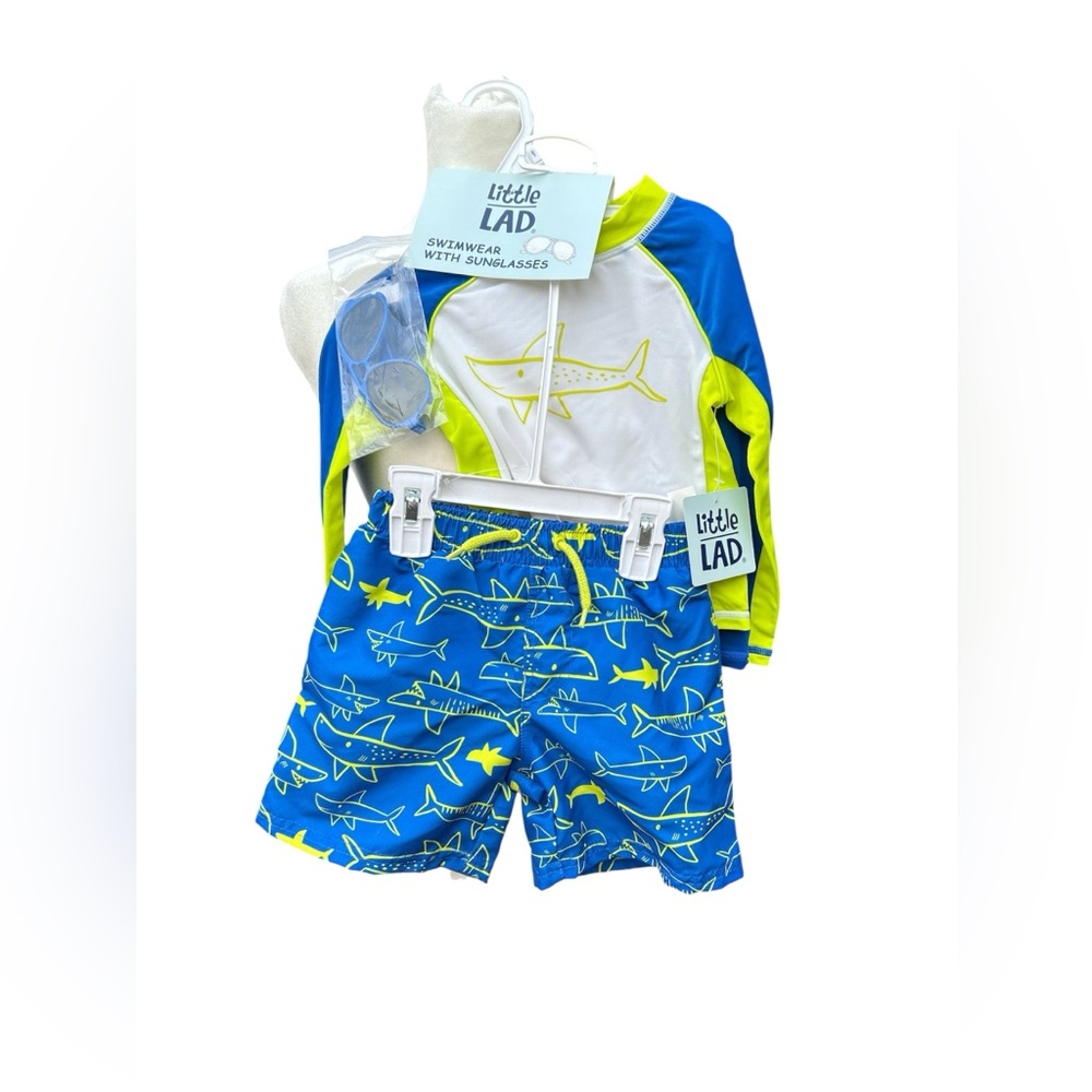 NEW Little Lad Boys Shark Swimwear 3-piece Set Rashguard Trunks Sunglasses